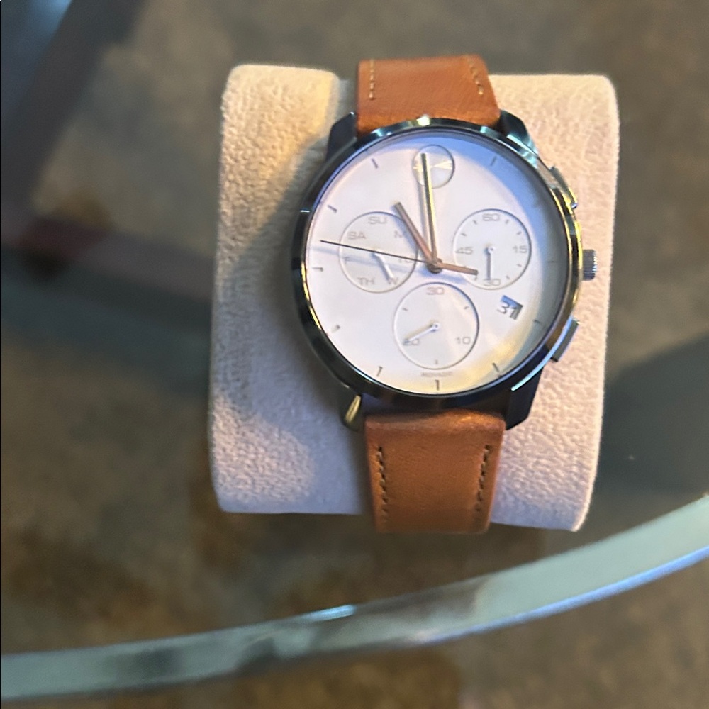 Movado Watch with White Dial and Brown Leather Strap